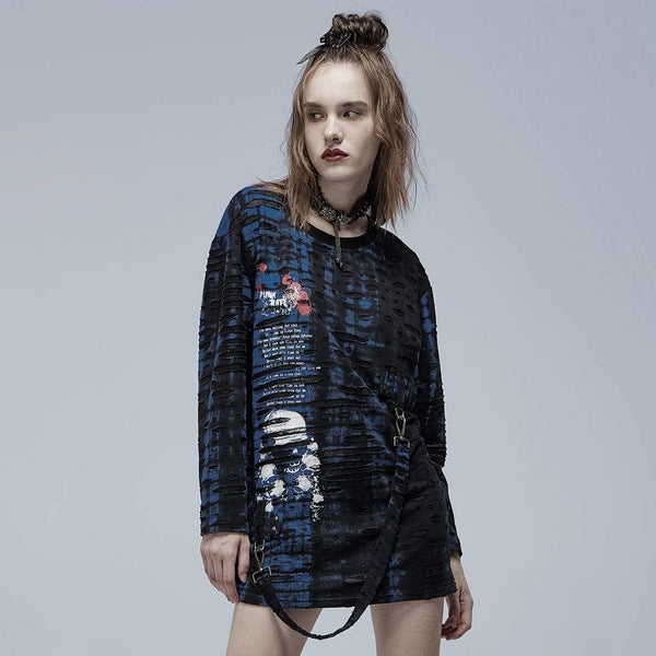 Grunge Skull Printed Ripped Shirt with Detachable Hood - Blue