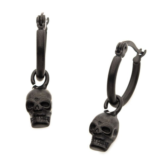 Matte Black Plated Hoop with Skull Dangle Earrings